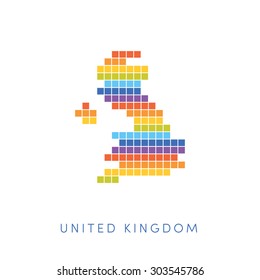 Colorful pixel map of United Kingdom. Vector frontiers of UK in colors of rainbow. 