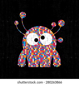 Colorful pixel monster on black grunge background. Vector illustration