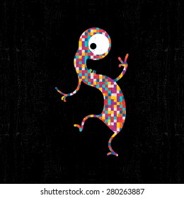 Colorful pixel monster on black grunge background. Vector illustration