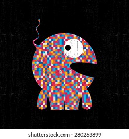Colorful pixel monster on black grunge background. Vector illustration