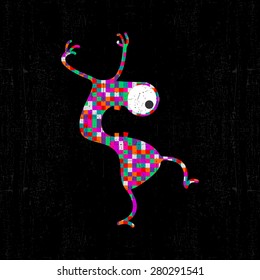 Colorful pixel monster on black grunge background. Vector illustration