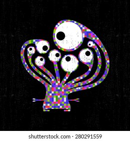 Colorful pixel monster on black grunge background. Vector illustration