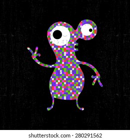 Colorful pixel monster on black grunge background. Vector illustration