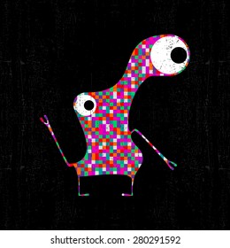 Colorful pixel monster on black grunge background. Vector illustration