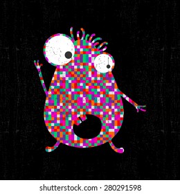 Colorful pixel monster on black grunge background. Vector illustration