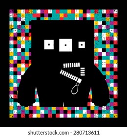 Colorful pixel monster on grunge background. Vector illustration
