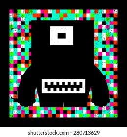 Colorful pixel monster on grunge background. Vector illustration