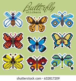 Colorful pixel patch badges with butterflies. Vector illustration