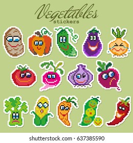 Colorful pixel patch badges with vegetables. Vector illustration