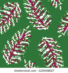 Colorful pixel pattern with fir-trees. Happy New Year pixel art winter pattern print for greeting card, jersey or t-shirt. Pixel Christmas trees. Vector illustration. Seamless nordic pattern 