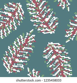 Colorful pixel pattern with fir-trees. Happy New Year pixel art winter pattern print for greeting card, jersey or t-shirt. Pixel Christmas trees. Vector illustration. Seamless nordic pattern 