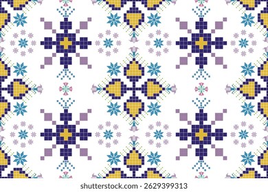 Padrão de pixel colorido com simetria floral, perfeito para fundos digitais, inspiração de arte folclórica, ou design têxtil, roupas, capeta.