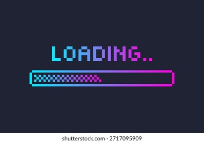 Colorful pixel retro style loading bar screen on dark background, vector illustration