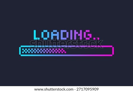 Colorful pixel retro style loading bar screen on dark background, vector illustration