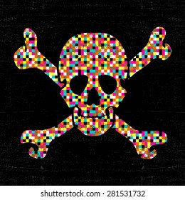 Colorful pixel skull on black grunge background. vector illustration