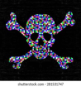 Colorful pixel skull on black grunge background. vector illustration