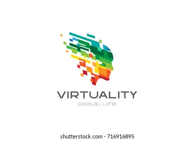 Colorful Pixel Squares Creative Head Mind Logo Design Vector Template.
Virtual Reality Digital Life Futuristic Logotype. Entertainment Game Play Brain Concept Icon.