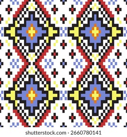 Píxeis coloridos tribais padrão contínuo com simetria geométrica. Ideal para projetos de design têxtil, impressão de moda digital e estilo étnico.