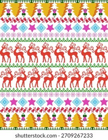 Un colorido patrón de Navidades de pixel art con renos rojos, árboles, estrellas, campanas, flores y motivos geométricos festivos dispuestos en filas Horizontales repetidas.