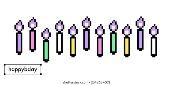 Colorful pixelated birthday candle icon set with lit flame. Retro 8 bit game festive design elements for cake decorating, cool digital style party invitation, celebration and greeting card, pattern