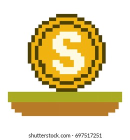 colorful pixelated coin with money symbol over grass vector illustration