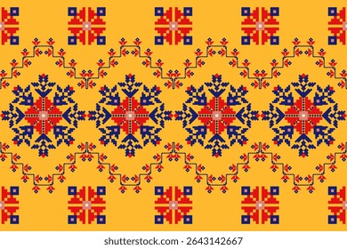 Colorful pixelated ethnic pattern inspired by traditional Eastern European embroidery. This seamless folk design features bold geometric floral motifs in red, navy blue, and beige on a vibrant yellow 