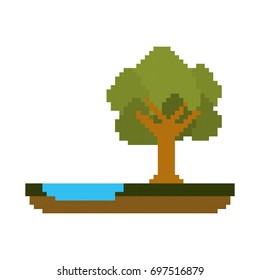colorful pixelated forest landscape in meadow with tree next to the river vector illustration