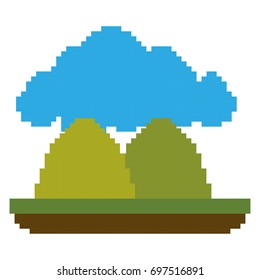 colorful pixelated forest landscape in meadow with mountains and cloud vector illustration