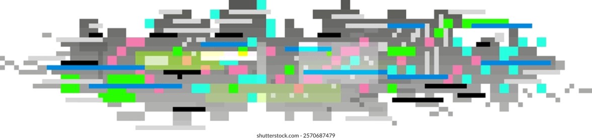 Colorful pixelated glitch art forming an abstract background with shades of grey, pink, blue, green, black and white, representing digital distortion, data corruption or cybersecurity issues