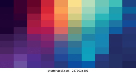 A colorful pixelated gradient background with shades of purple, red, orange, yellow, green, and blue.