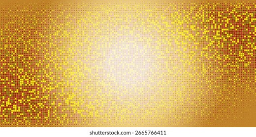 Patrón de semitono pixelado colorido con cuadrados Pequeños en tonos verdes, púrpura, negro y amarillo sobre un fondo dorado cálido, creando una textura digital abstracta moderna.