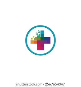 A colorful pixelated plus sign within a teal circle