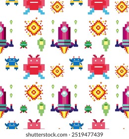 Colorful pixelated robots and spaceships pattern