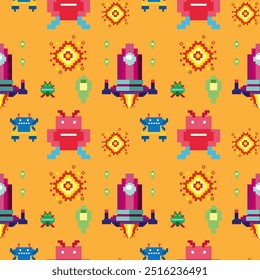 Colorful pixelated space-themed seamless vector illustration