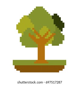colorful pixelated tree in meadow with ramifications and leaves vector illustration