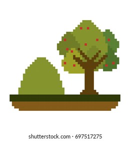 colorful pixelated tree and mountain landscape vector illustration