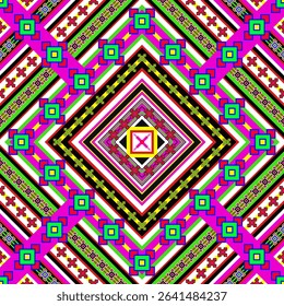 A colorful pixel-based seamless pattern showcasing layered diamond shapes with a central yellow star. Designed in vivid pink, green, purple, and brown, this tribal-inspired design is ideal for textile