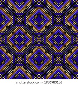 Colorful  pixeled mosaic seamless pattern. Vector digital background. Geometric halftone backdrop. Tribal ethnic style squares pixel ornament. Modern decorative textured design. Geometry shapes, dots.