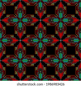 Colorful  pixeled mosaic seamless pattern. Vector digital background. Geometric halftone backdrop. Tribal ethnic style pixel ornament. Floral textured design. Abstract digital flowers, squares, dots.