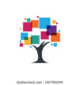 
Colorful pixels, tree with hand abstract concept logo for creative - vector