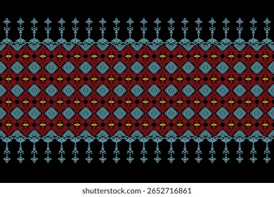 Têxtil colorido em estilo pixel com diamantes azuis, grade vermelha e bordas ornamentais. Perfeito para moda, decoração e exportação de tecidos nos mercados têxteis dos EUA e da África.