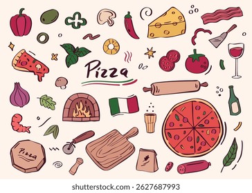 colorful pizza illustration clipart and ingredients with line art
