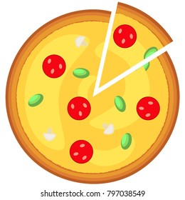 Colorful pizza slice fast food icon poster. Junk food vector illustration for certificate banner sticker, badge sign, stamp, logo, icon label.