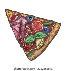 Colorful pizza slice hand drawn vector illustration. Ink graphic art. Outline colored sketch for markets, shops. Clip art Poster for print. Bright colors. Isolated on white background