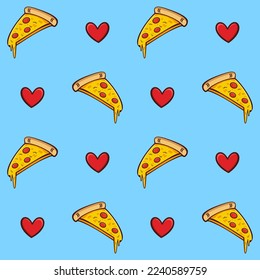 Colorful pizza slice with hearts. Seamless pattern. Fast food flat style illustration.