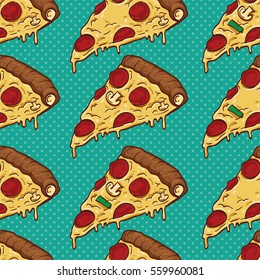 Colorful Pizza Slices Seamless Pattern. Traditional Italian Food. Background Wallpaper