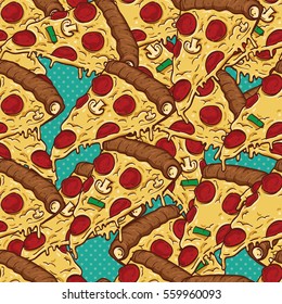 Colorful Pizza Slices Seamless Pattern. Traditional Italian Food. Background Wallpaper