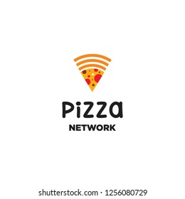 colorful pizza with wireless signal network logo icon vector inspiration