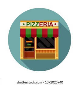 Colorful pizzeria front view flat icon, vector illustration. Icon style facade of a restaurant