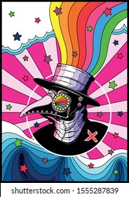 Colorful Plague of Love Psychedelic Art Poster Style, Plague Doctor Mask, Color Decorative Background